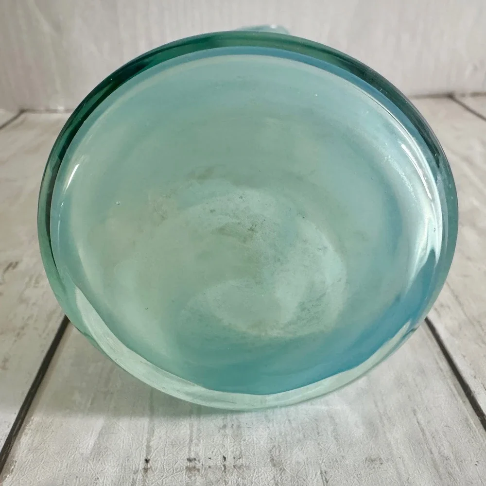 Art Glass Bud Vase Aqua Teal White Swirl Hand Blown Ruffled Rim 7.5 inch